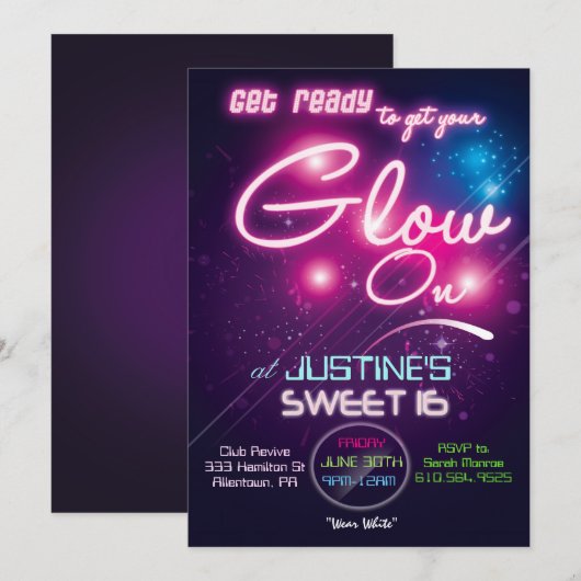Sweet 16 Glow Party jaren tachtig 80 uitnodiging (Voorkant / Achterkant)