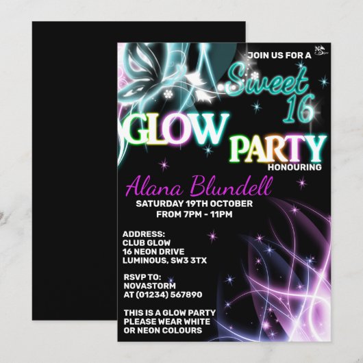 Sweet 16 Glow party uitnodigingen (Voorkant / Achterkant)