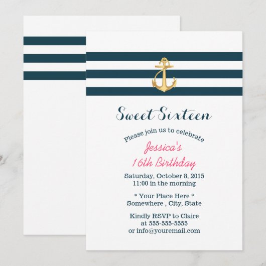 Sweet 16 Gold Anchor Nautical Stripes Kaart (Voorkant / Achterkant)