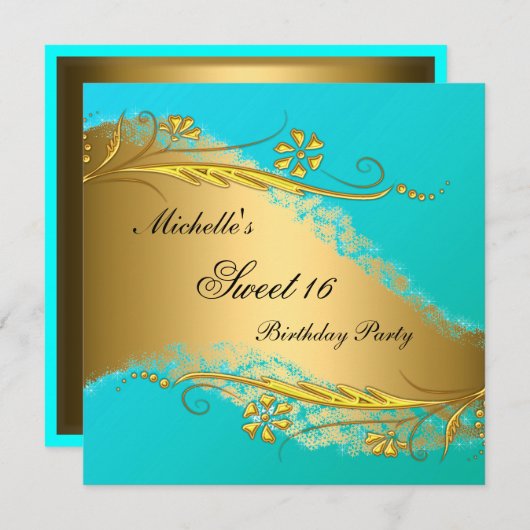 Sweet 16 Gold Blauwgroen Elegant Invitation Kaart (Voorkant / Achterkant)