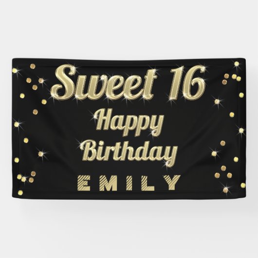 Sweet 16 Gold Bling Typography Confetti Black Spandoek (Horizontaal)