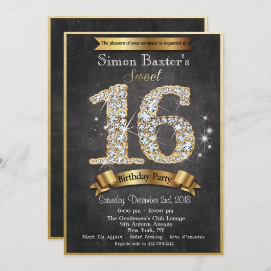 Sweet 16 Gold Diamond Verjaardag uitnodiging (Voorkant / Achterkant)
