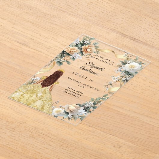 Sweet 16 gold dress yellow florals clear acryl uitnodigingen (Laagn)