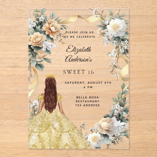 Sweet 16 gold dress yellow florals clear acryl uitnodigingen (Voorkant)