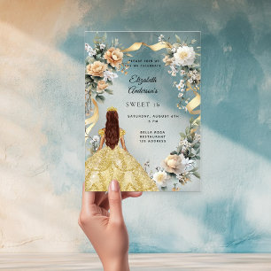 Sweet 16 gold dress yellow florals clear acryl uitnodigingen