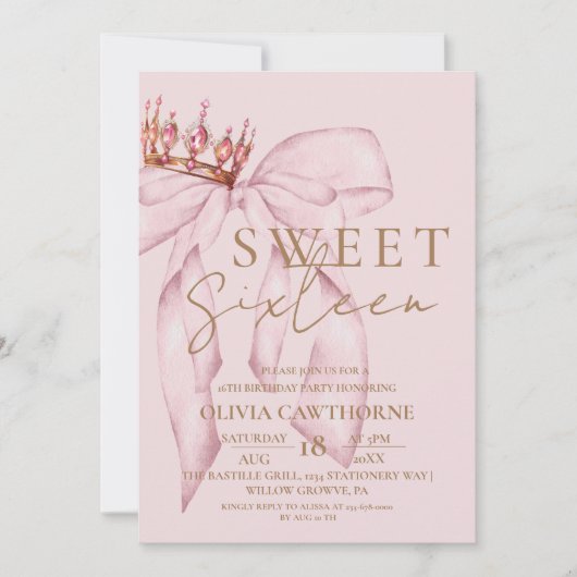 Sweet 16 Gold en Blush Pink Bow Verjaardag Kaart (Voorkant)