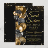 Sweet 16 Gold Glitter Balloons Glam Birthday Party Kaart (Voorkant / Achterkant)