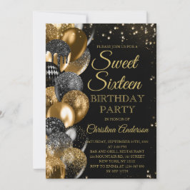 Sweet 16 Gold Glitter Balloons Glam Birthday Party Kaart