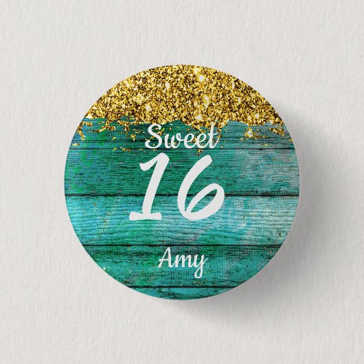 Sweet 16 Gold Glitter Girly Turquoise Name Ronde Button 3,2 Cm (Voorkant)