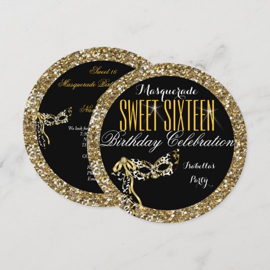 Sweet 16 Gold Glitter Mask Birthday Kaart (Voorkant / Achterkant)