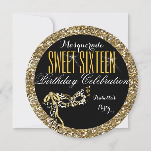 Sweet 16 Gold Glitter Mask Birthday Kaart (Voorkant)