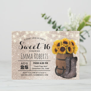 Sweet 16 Gold Glitter Sunflower Western Cowgirl Kaart