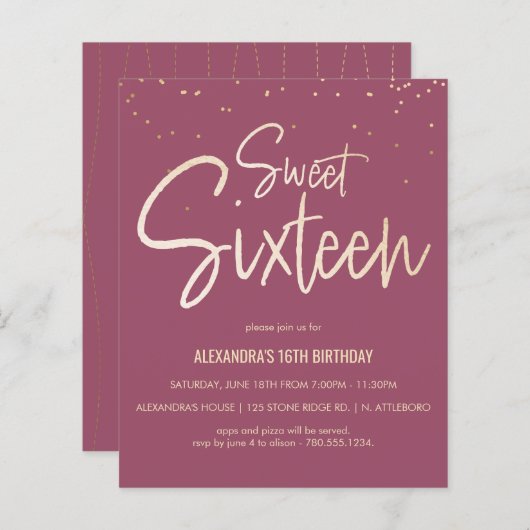 Sweet 16 Gold, legant, Simple Party Invite (Voorkant / Achterkant)