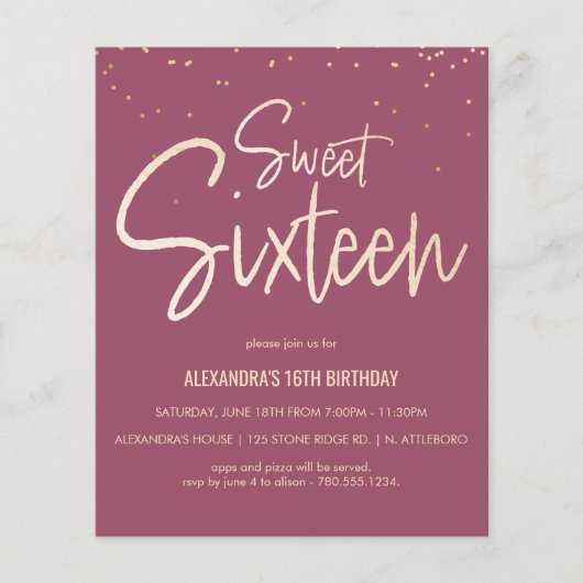 Sweet 16 Gold, legant, Simple Party Invite (Voorkant)