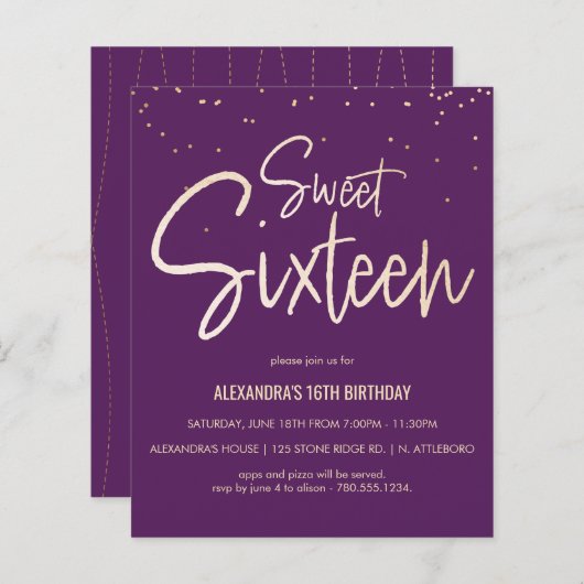 Sweet 16 Gold, legant, Simple Party Invite (Voorkant / Achterkant)