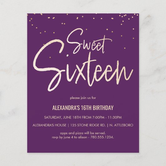 Sweet 16 Gold, legant, Simple Party Invite (Voorkant)