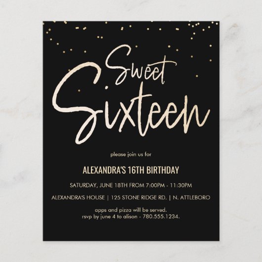 Sweet 16 Gold, legant, Simple Party Invite (Voorkant)