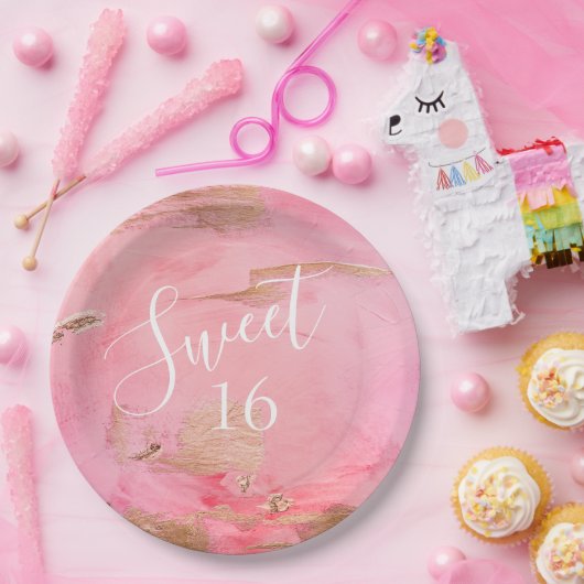 Sweet 16 Gold Pink Abstracte Waterverf Papieren Bordje (Feest)