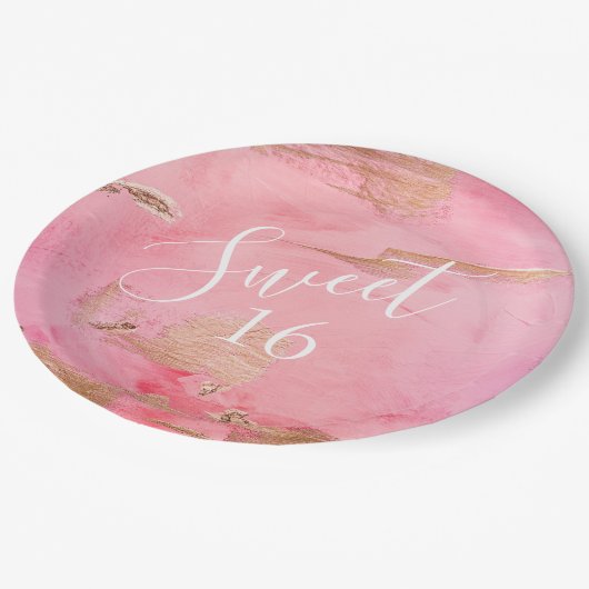 Sweet 16 Gold Pink Abstracte Waterverf Papieren Bordje (Gekanteld)
