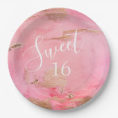 Sweet 16 Gold Pink Abstracte Waterverf Papieren Bordje (Voorkant)