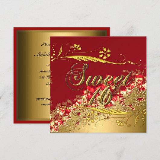 Sweet 16 Gold Red Elegant Invitation Kaart (Voorkant / Achterkant)