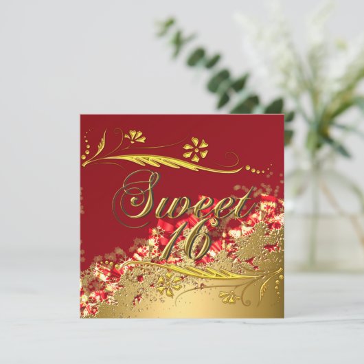 Sweet 16 Gold Red Elegant Invitation Kaart (Staand voorkant)