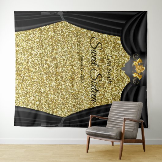 Sweet 16 Gold Roos Black Curtain Gold Glitter Wandkleed (In Situ (horizontaal))