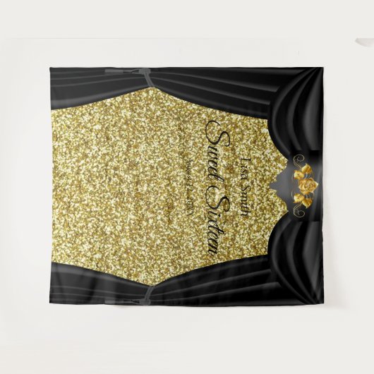 Sweet 16 Gold Roos Black Curtain Gold Glitter Wandkleed (Voorkant (horizontaal))