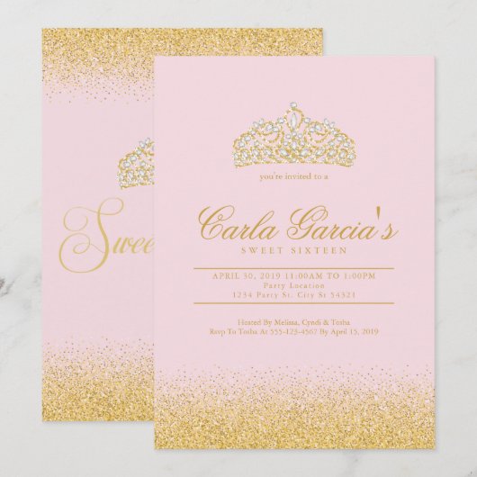 Sweet 16 Gold & Sparling Uitnodigingen (Voorkant / Achterkant)