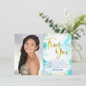 Sweet 16 Gold Turquoise Waterverf Foto Modern Bedankkaart (Staand voorkant)