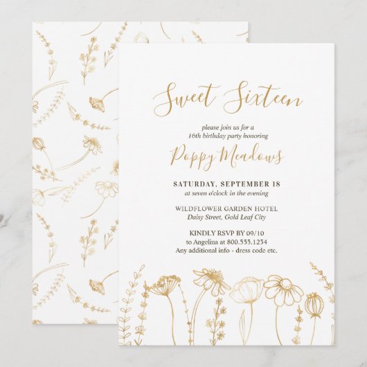 Sweet 16 Gold Wildflower Sketch 16e verjaardag Kaart (Voorkant / Achterkant)
