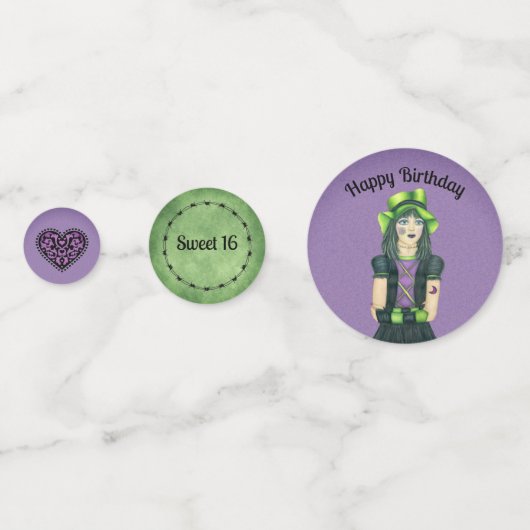 Sweet 16 Gothic Meisje Verjaardag Groen Paarse Spo Confetti (Voorkanten)