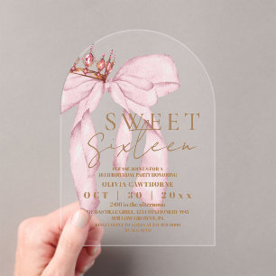 Sweet 16 Goud en Blush Roze Boog Verjaardag Acryl Uitnodigingen