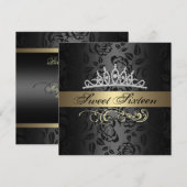 Sweet 16 Goud & Zwart Tiara Verjaardag Uitnodiging (Voorkant / Achterkant)