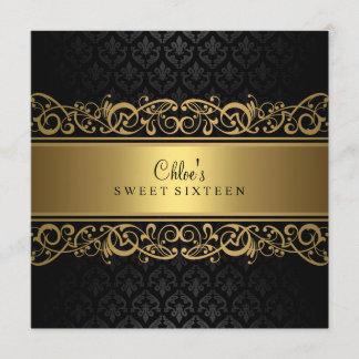 Sweet 16 | Goud & Zwarte Damast Uitnodiging