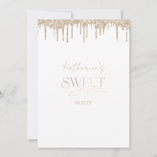 Sweet 16 Gouden Glitter Drips Champagne Jurk Kaart (Achterkant)