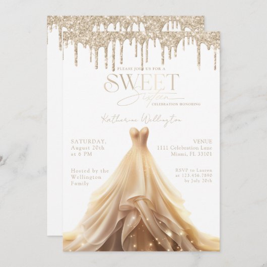 Sweet 16 Gouden Glitter Drips Champagne Jurk Kaart (Voorkant / Achterkant)