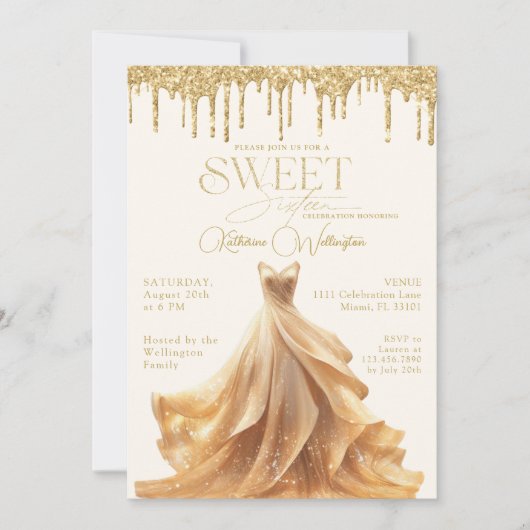 Sweet 16 Gouden Glitter Drips Jurk Sweet Sixteen Kaart (Voorkant)