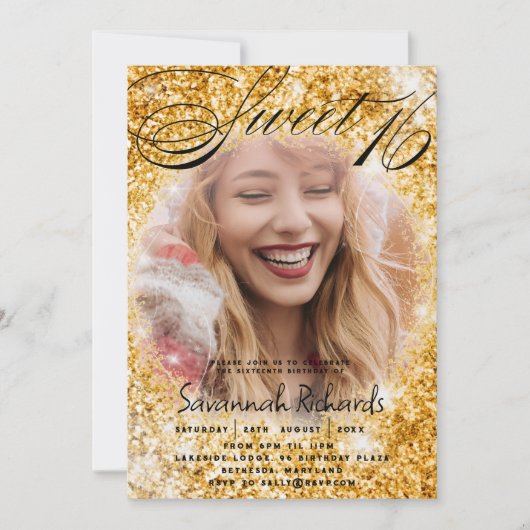 Sweet 16 Gouden Glitter & Foto Feest Kaart (Voorkant)