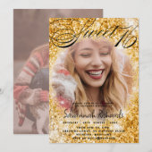 Sweet 16 Gouden Glitter & Foto Feest Kaart (Voorkant / Achterkant)