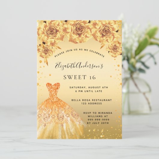 Sweet 16 gouden glitter jurk rozen kaart (Staand voorkant)