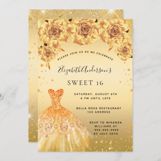 Sweet 16 gouden glitter jurk rozen kaart (Voorkant / Achterkant)