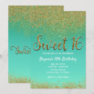 Sweet 16 Gouden Glitter & Teal Verjaardagsfeestje Kaart
