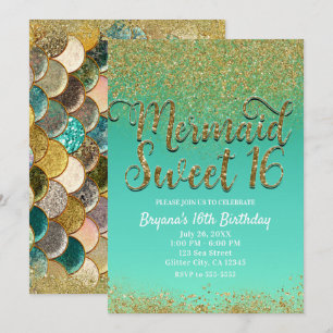 Sweet 16 Gouden Glitter Turquoise Zeemeermin Verja Kaart