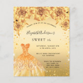 Sweet 16 gouden jurk bloemen budget uitnodiging (Voorkant)
