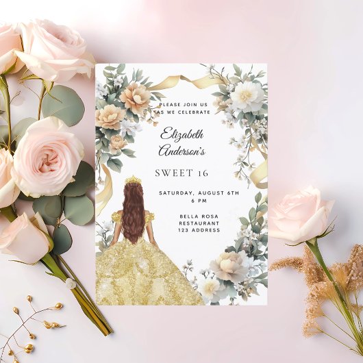Sweet 16 gouden jurk gele bloemen kaart