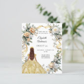 Sweet 16 gouden jurk gele bloemen uitnodiging (Staand voorkant)