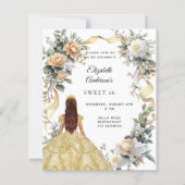 Sweet 16 gouden jurk gele bloemen uitnodiging (Voorkant)