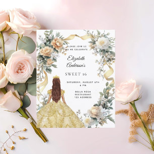 Sweet 16 gouden jurk gele bloemen uitnodiging