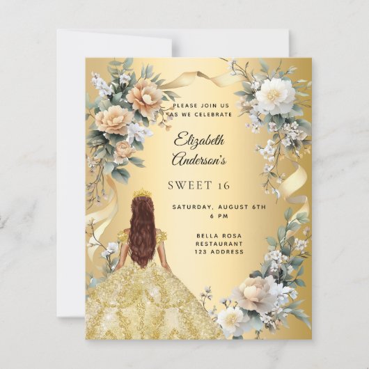 Sweet 16 gouden jurk gele bloemen uitnodiging (Voorkant)